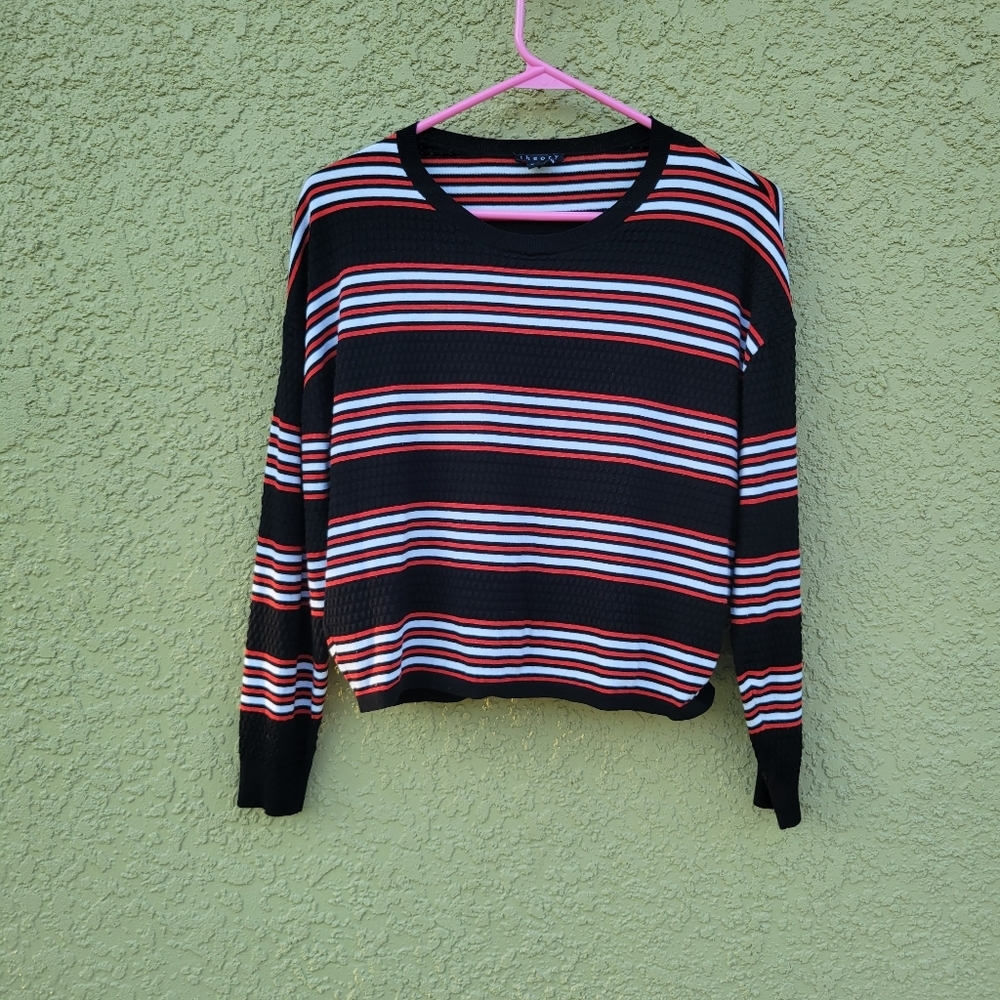 Theory Black White and Red Striped Long Sleeve Top